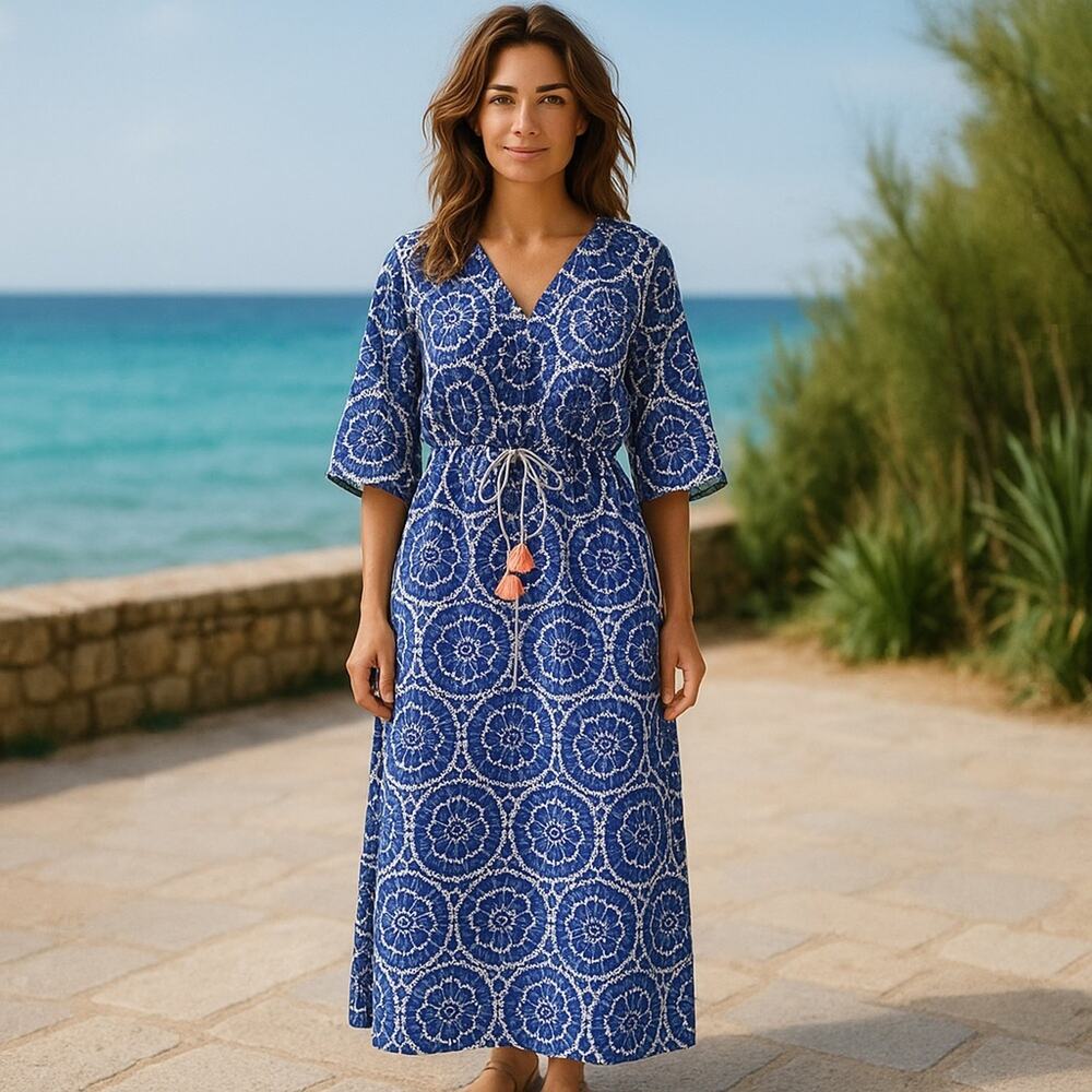 Boden Breezy Maxi Kaftan or Swim Coverup in Blue/White Print Size US4 NWOT